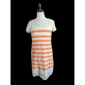 BCBGMAXAZRIA White and Orange Lace Striped Dress Size S